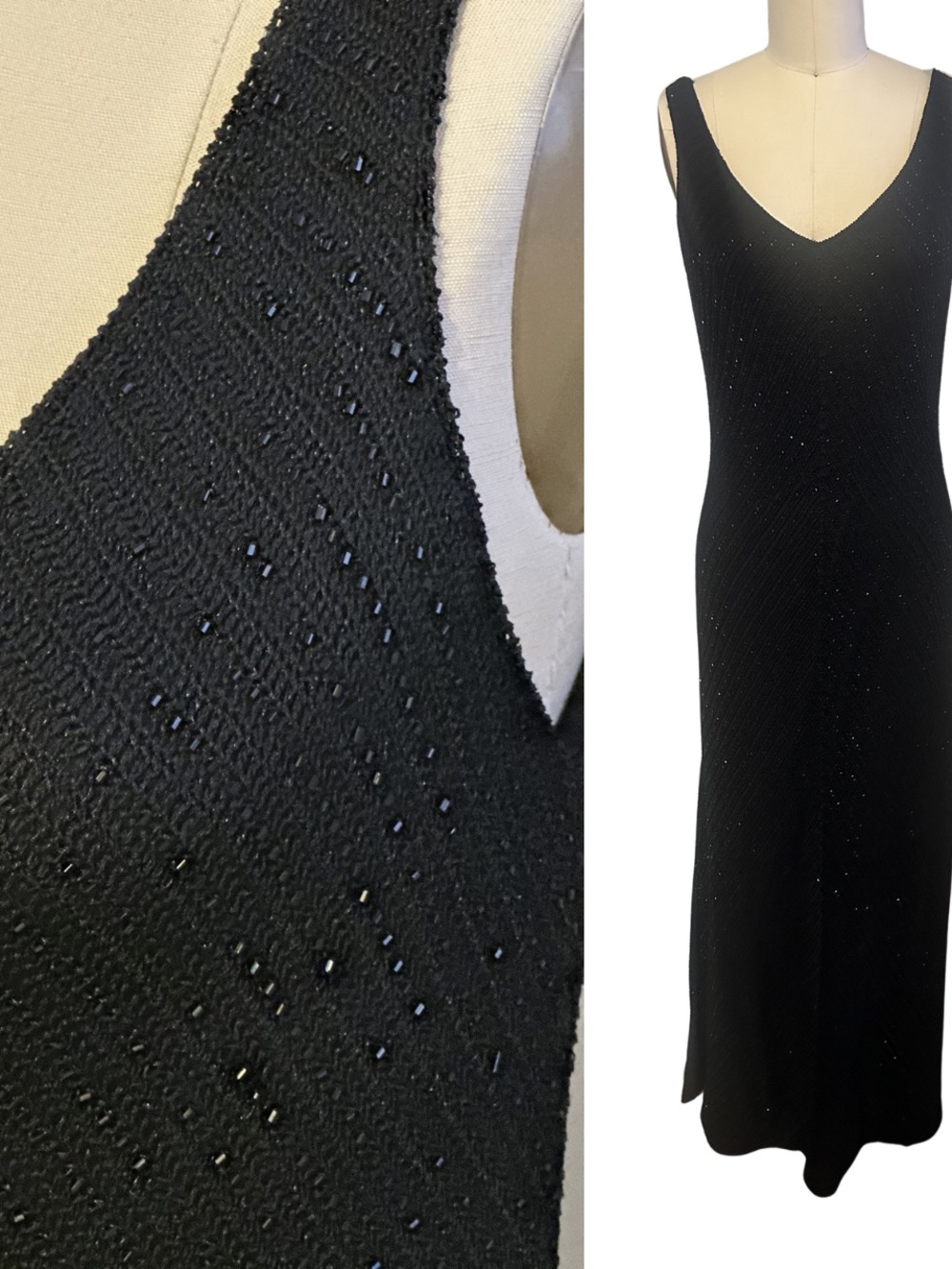 Carmen Marc Valvo Vintage Prom Black Beaded V-Neck Dress Maxi Y2K Vamp Goth